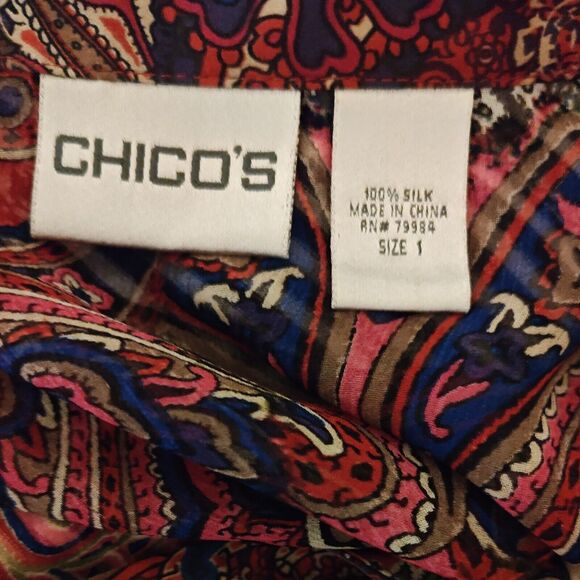 Chico's 100% Silk Paisley Popover Blouse Semi Sheer Floral Silky Trim Women's M - Picture 6 of 7